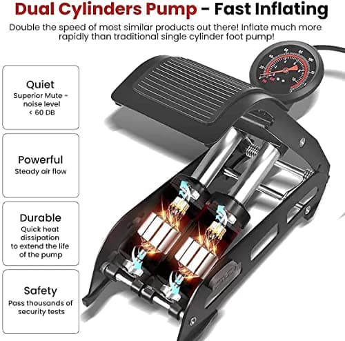Lirzeg Foot Pump Air Inflator 160 PSI Double Cylinder Portable Foot Pump Air Tyre Inflator for car Bike and Cycle (Black) 4