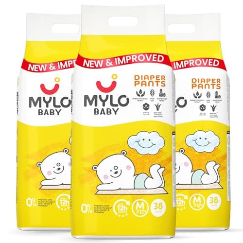 Mylo Baby Diaper Pants Medium (M) Size 7-12 kgs (114 count) Leak Proof | Lightweight | Rash Free | Upto 12 Hours Protection | ADL Technology | with Aloe Vera Lotion (38 Count, Pack of 3)