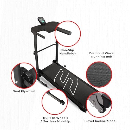 Sparnod Fitness STH-550 Manual Foldable Treadmill for Home Use, Your Pace Your Power Real-Time Tracking 5-Layer Anti-Skid Belt 100×35 cm Deck Shock Absorber Manual Incline Mobile Holder Compact Design 4