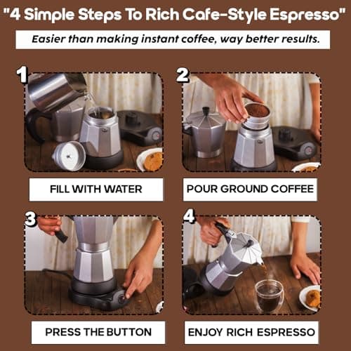InstaCuppa Electric Moka Pot Coffee Maker, One-button Auto Espresso Machine 300ml, Safe Auto-Shutoff, Perfect for Busy Indian Moms, 6 Cups Capacity, Silver 3