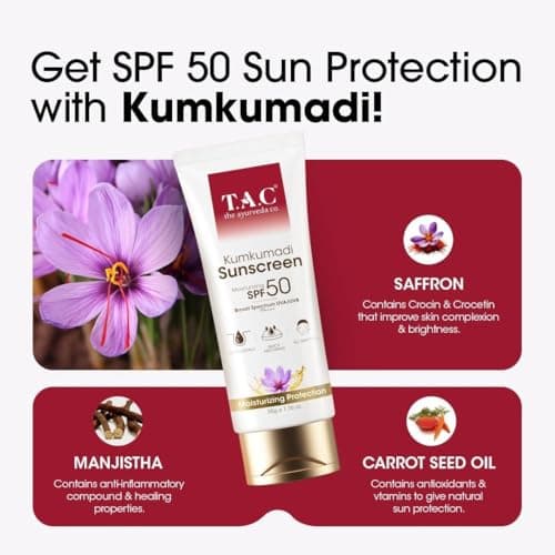 T.A.C - The Ayurveda Co. Kumkumadi Sunscreen SPF 50, Broad Spectrum UVA/UVB PA+++, Moisturising, All Skin Types, 50g 3