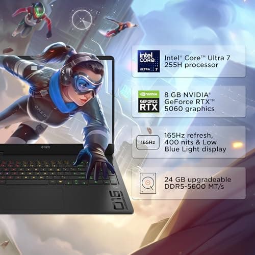 HP Omen, Intel Core Ultra 7 255H, 8GB RTX 5060 (24GB DDR5, 1TB SSD) 165Hz, 2k WUXGA, 3ms, 400 nits, 16''/40.6cm, Win11, M365* Office24, Black, 2.42kg, an0015TX, RGB, Gaming Laptop 2