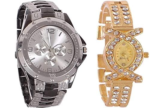 Acnos® Premium Silver and Gold Dial Analogue Watches Combo for Couple Pack of - 2