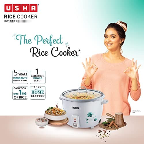 USHA RC18GS1 Steamer 700 Watt Automatic Rice Cooker 1.8 litres with Powerful Heating Element, Keep Rice Warm for 5 Hrs, Steamer, Trivet Plate & More Accessories, 5 Yrs Warranty (White) 2