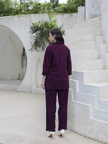 TITTLI Women’s Solid Rayon Co-Ord Set | Collared V-Neck Tunic with Three-Quarter Sleeves & Elastic Waist Trousers | Comfortable Casual Outfit | L to 3XL Wine 3