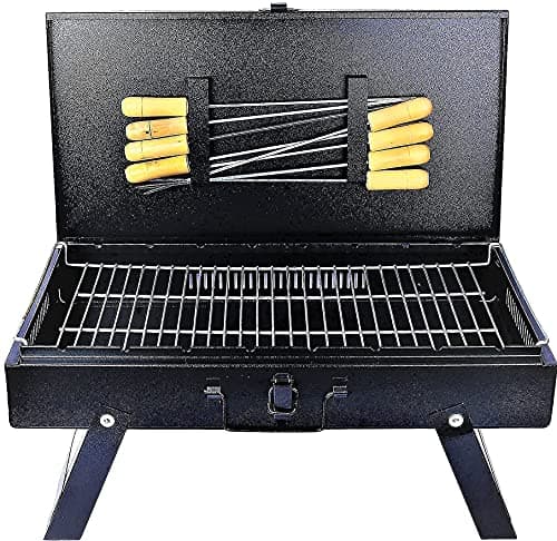 MAZORIA Barbeque Grill Set | Foldable Portable BBQ for Home & Outdoor Use | Includes 8 Skewers, 1 Grill | Barbecue for Camping, Picnics, Parties & Backyard Grilling (Black) 2