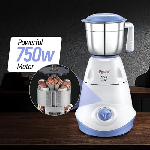 Prestige Iris 750 Watt Mixer Grinder with 3 Stainless Steel Jar + 1 Juicer Jar (White and Blue) 5