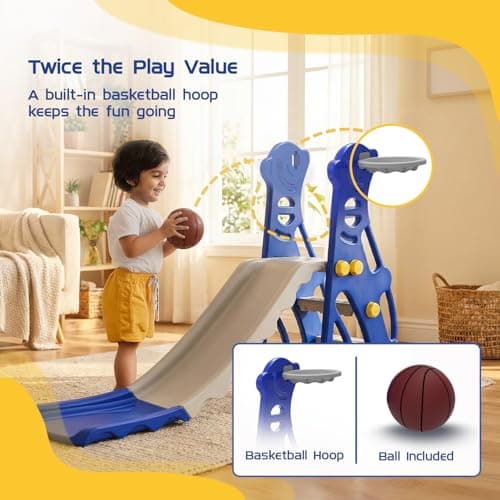 Amazon Brand - Solimo Penguin Slide for Kids 2–5 Years | Indoor & Outdoor | Basketball Hoop & Ball | Anti-Slip Steps | Wide Platform | Max Load 20kg | Blue & White 5