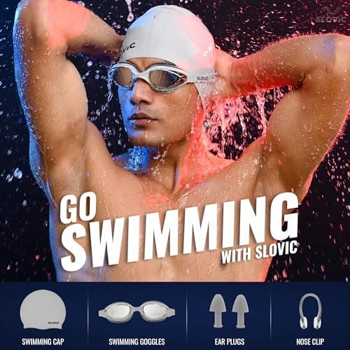 SLOVIC Swimming Goggles & Cap Combo | Anti-Fog Swimming Goggles for Man | Swimming Cap for Men | UV Protected Swimming Goggle for Women with Adjustable Straps | Unisex Swimming Accessories [Grey] 5