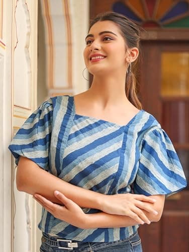 Yash Gallery Women’s Blue Cotton Ikat Printed Puff Sleeve Square Neck Casual Top | Stylish Summer Wear Cotton Blouse for Jeans | Ethnic Western Fusion Wear Top 5