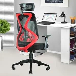 ASTRIDE Ergofit Ergonomic Office Chair for Home | 3-Years Warranty | 2D Headrest, Adjustable Arms & Lumbar Support | Tilt Lock Mechanism [Heavy Duty Nylon Base, Red-Black]