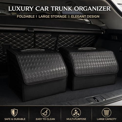 JVCV® Stylish Embossed PU Leather Car Trunk Organizer – Foldable Multipurpose Car Boot Storage Box with Handle Design | Durable & Elegant Car Interior Organizer for Travel (Style A, Black - Large) 5