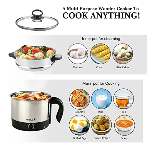 IBELL MPK12M Multipurpose Electric Kettle, 1.2L Capacity, 600W Power, Includes 2 Cooking Pots & Egg Boiler, Adjustable Temperature Control, Durable Stainless Steel Body (Silver) 3