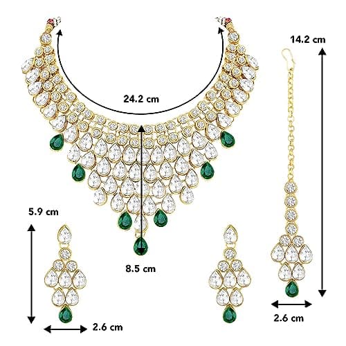 Peora Gold-plated Brass and Kundan Jewellery Set With Earrings Mang Tika for Women & Girls (Green) 4