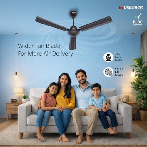 DIGISMART Storm 1200 MM BLDC Ceiling Fan with Remote, 28W Energy Efficient, 225 CMM Air Delivery, 65% Power Saving, Low Noise, Reverse Mode, Smart Memory, 3 Blade, 5 Year Warranty, Smoke Brown 5