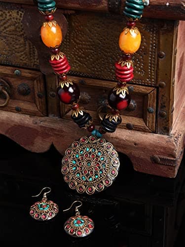 Shining Diva Fashion Latest Stylish Traditional Tibetan Pendant Necklace Jewellery Set for Women (13208s) (Style1) 3