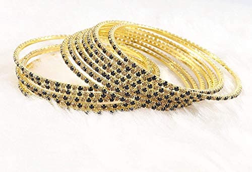 ZULKA Non-Precious Metal Base Metal with Zircon Gemstone Studded worked Glossy Finished Bangle Set For Women and Girls, (Black-Golden_2.8 Inches), Pack Of 12 Bangle Set 4