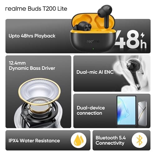 realme Buds T200 Lite Bluetooth in Ear Earbuds,4 Mic, AI ENC for Calls,48 Hours Total Playback with Fast Charging and Low Latency Gaming TWS,Google Fast Pair, with mic (Volt Black) 5