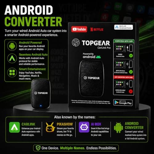 TOPGEAR Ai Box for AA | Carlink | Android Converter | Picasso | Smart Car Media Box | for Wired Android Auto Cars Only | 16GB Storage | Plug & Play AA Protocol Adapter | Upgrade Your Car Infotainment 3