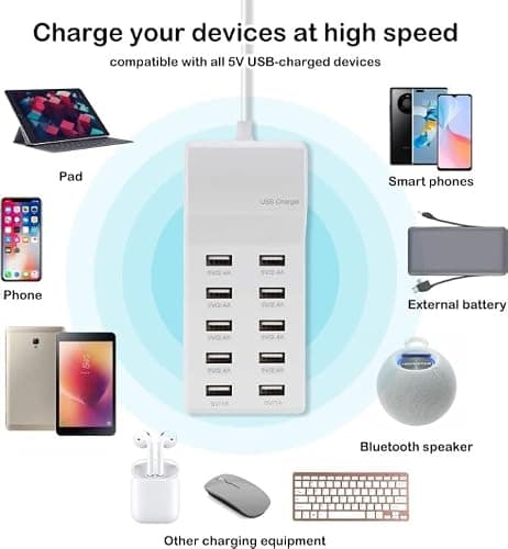 USB Charger Station 10 Port, Desktop Multi Port USB Charger Hub,with Rapid Charging Auto Detect Technology Safety Guaranteed Compatible with iPhone, iPad, Tablet & Multiple Device 5