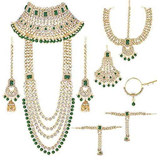 I Jewels Green Gold-plated Traditional Ethnic Indian Kundan Bridal Long and Short Necklace, Earrings, Hath Panja, Matha Patti, Nose Pin and Paso Set for Women