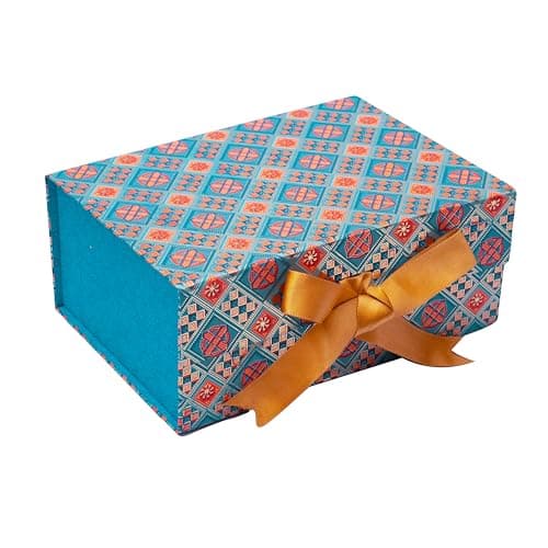 Boxotica Blue Patterned Small Gift Box – Foldable Rigid Hamper with Ribbon & Greeting Card, Reusable Keepsake Box for Dry Fruits, Weddings, Birthdays, Housewarming Return Gifts, Thambulam & Vratham Ki