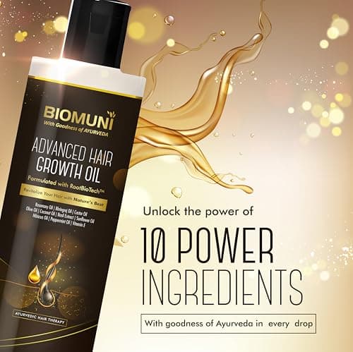 BIOMUNI Advanced Hair Growth Oil with Goodness of Ayurveda | Blend of 10 Natural Ingredients- Rosemary + Bhringraj + Castor + Olive + Coconut + Basil + Sunflower + Hibiscus + Peppermint + Vitamin E |  3