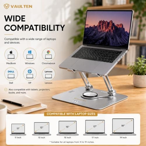 VAULTEN Laptop Stand for Table, Premium Adjustable Laptop Stand Metal with 360° Rotating Base, Ergonomic Foldable Portable Laptop Holder for Desk, Compatible with All Laptops (Wide Compatibility) 5