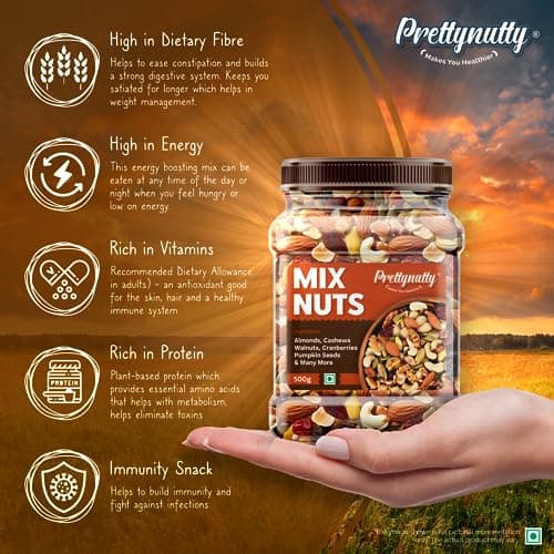 PrettyNutty Healthy Nutmix 500g, Dried Almonds, Black Raisins, Cashewnuts, Cranberries, Black Dates & Many More. (Pack of Jar) 3
