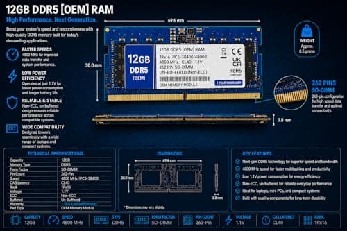 12GB DDR5 4800MHz OEM Laptop RAM Compatible with RAMAXEL [Key Specs: PC5-38400/4800B | 262-Pin SO-DIMM | CL40 | 1Rx16 | 1.1V | Non-ECC] | 1 Year Seller Warranty 5