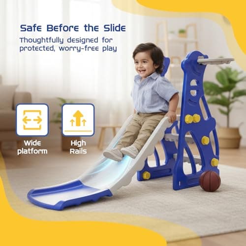 Amazon Brand - Solimo Penguin Slide for Kids 2–5 Years | Indoor & Outdoor | Basketball Hoop & Ball | Anti-Slip Steps | Wide Platform | Max Load 20kg | Blue & White 3