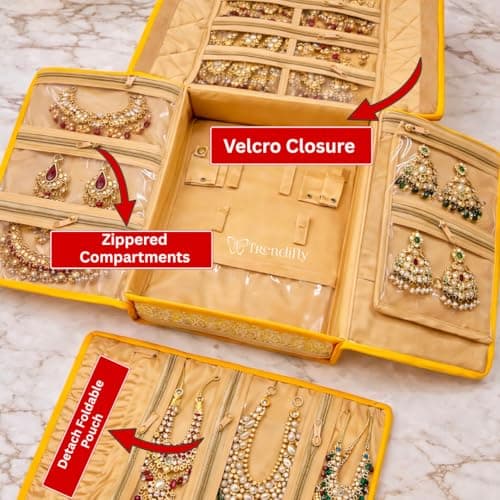 Trendifly silk Lucknowi Jewellery Organiser Box for women Necklace organizer pouches Travel Makeup Cosmetic Earrings Jewelry Storage box for Bridal Gifting (Bright Yellow) 4