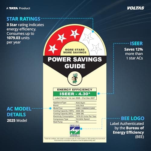 Voltas 2 ton 3 Star,New star rated, Inverter Split AC (Copper, Convertible 5-in-1 Cooling Mode, 2-Way Air Swing, Anti-dust Filter with Anti Microbial Coating, Auto Clean, (243INV CAM, White) 4