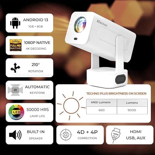 XElectron Techno Plus Android 13 Smart Projector 4k Ultra HD, Bass Speaker, Auto Focus, Auto & 4D Keystone, Rotatable Design with Netflix, Prime, etc, WiFi 6 & BT, Screen Mirroring, 1080P Native 2