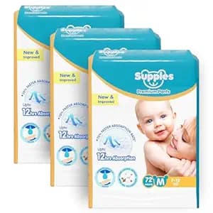 Amazon Brand - Supples Premium Baby Diaper Pants | 216 Baby Diapers | Medium | 7-12 Kg | 72 x 3 Packs | 12 Hrs Absorption | Cushiony Cotton Soft Fabric | Phthalates-Free | Triple Leak Guard