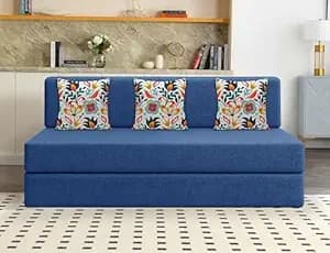Los Angeles Foldable Three Seater Sofa Cum Bed, Sofa Bed 5 X 6 Feet Jute Fabric Washable Cover- Including Cushion Perfect for Living Room - Blue Color
