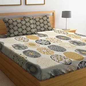 LOOMLYFE 300 TC Cotton Feel Glace Cotton Elastic Fitted Printed King Size Double Bed Bedsheet with 2 Pillow Covers Fits Upto 8 inches Mattress, Size- 72X78 Inches, BeigeDots