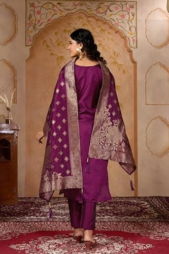 BROYAAR SHOP Traditional Banarasi Jacquard Silk Salwar Suit, 3-Piece Ethnic Dress Set (IN, Alpha, 2XL, Regular, Standard, Wine) 4