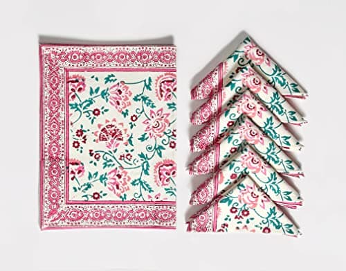 BLOCKS OF INDIA Hand Block Printed Cotton Table Runner, Mat and Napkin Set for Center/Dining Table (Pink Jaal), Large 4