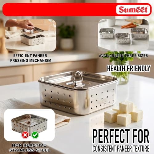 Sumeet Stainless Steel Square Shape Paneer/Tofu/Sprout Maker/Mould/Press, Easy and Perfact for Home Made Healthy Paneer, 12.5cm Dia, 600gms Paneer from, 3 liter Milk, Silver 5