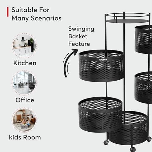 Amazon Brand - Solimo 360° Revolving Preassembled Portable 5 Layer Round Multipurpose Storage Kitchen Rack Carbon Steel Fruit Vegetable & Spice Trolley with Wheels for Kitchen Organizer(Matte, Black) 2