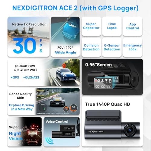 NEXDIGITRON ACE 2 Car Dash Camera with in-Built GPS Logger, Native 2K 1440P, Intuitive Screen, Voice Control, Super-Capacitor, Made in India, Optional Parking Mode, Upto 256GB Supported 2