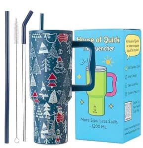 House of Quirk 1200ML Stainless Steel Tumbler with Handle & Lid, 2 Straws – Large Travel Mug Water Cup for Gym, Office & Outdoor Use (Merry Blue)