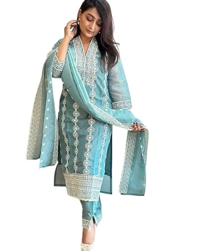 CLOSTYLE Women's Vichitra Silk Embroidery Salwar Suit Set Kurta Pant with Dupatta Sky Blue Kurta Set for Women (IN, Alpha, L, Regular, Womens, Sky Blue)
