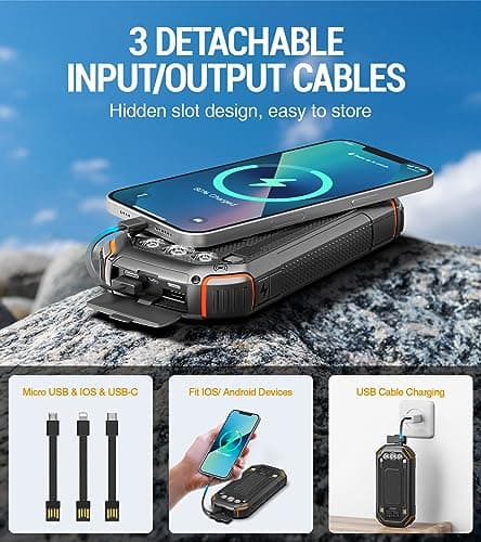 Solar Power Bank 36000 mAh Solar Charger with 3 Cables USB C Input 15 W Quick Charge Wireless Power Bank Portable Outdoor External Mobile Phone Batteries with Solar Cell & Torch for iPhone Samsung 3