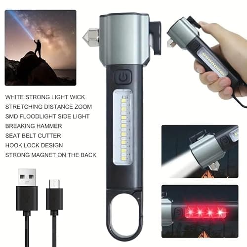 FLYNGO 3 in 1 Multifunction LED Torch Light Rechargeable, Rescue Emergency Flashlight with Car Seat Belt Cutter & Glass Breaker, Bright Zoomable Torch Light for Trekking, Camping (Black) 3