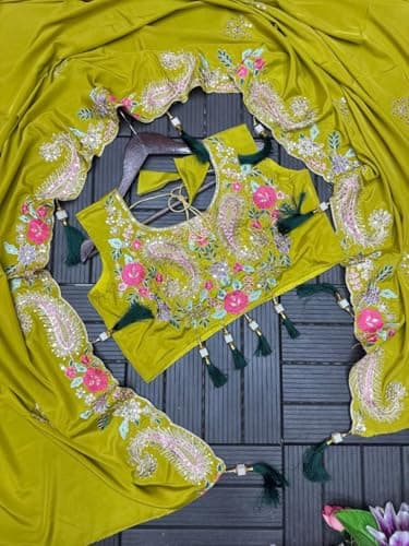 Fashion Since Women's Chinon Silk Embroidery Sequence Work Crop Top with Flared Sharara and Shrug Set Ethnic Salwar Set Pista Wedding 3