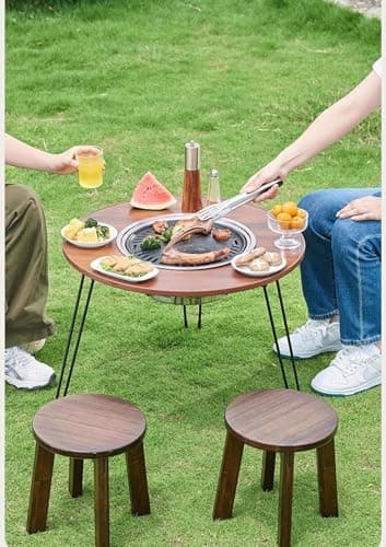 Inditradition Portable Freestanding Charcoal BBQ Grill Table & Fire Pit for Indoor & Outdoor Picnic, With Round Self Service Wooden Space & 6 Tools (65 cm, Round) 3