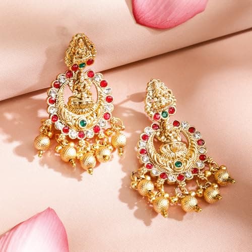 Rubans 22K Gold-Plated Red, Green & White Stone Lakshmi Motif Heavy Temple Jewellery Set for Women & Girls | Traditional Bridal Necklace Set | Brass Material 5