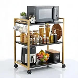 3 Tier Microwave Oven Stand with Storage Shelves & Hooks, Rolling Kitchen Cart with Wheels, Kitchen Organizer Rack for Microwave, Air Fryer & Pantry Storage